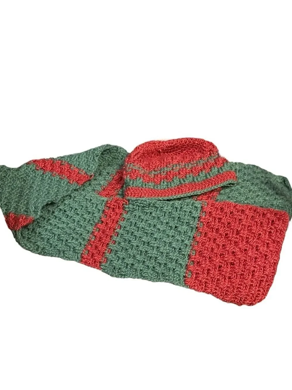 Handcrafted Red Green Crochet Hat Scarf Set 100% Silk Yarn 8 Inch Hat 44 Scarf